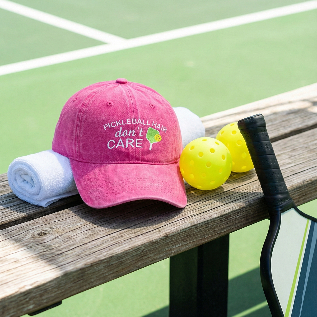 Pink cap with 'Pickleball Hair don't Care' text on a wooden bench with pickleballs and a towel, on a tennis court.