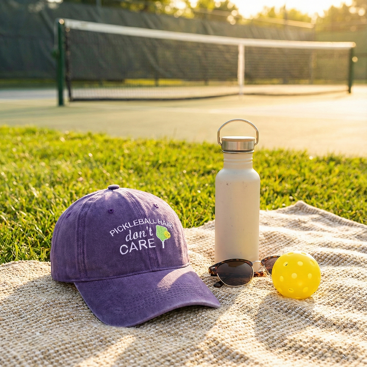 Purple cap with 'Pickleball, I don't care' text, water bottle, sunglasses, and yellow ball on a towel with a tennis court in the background.