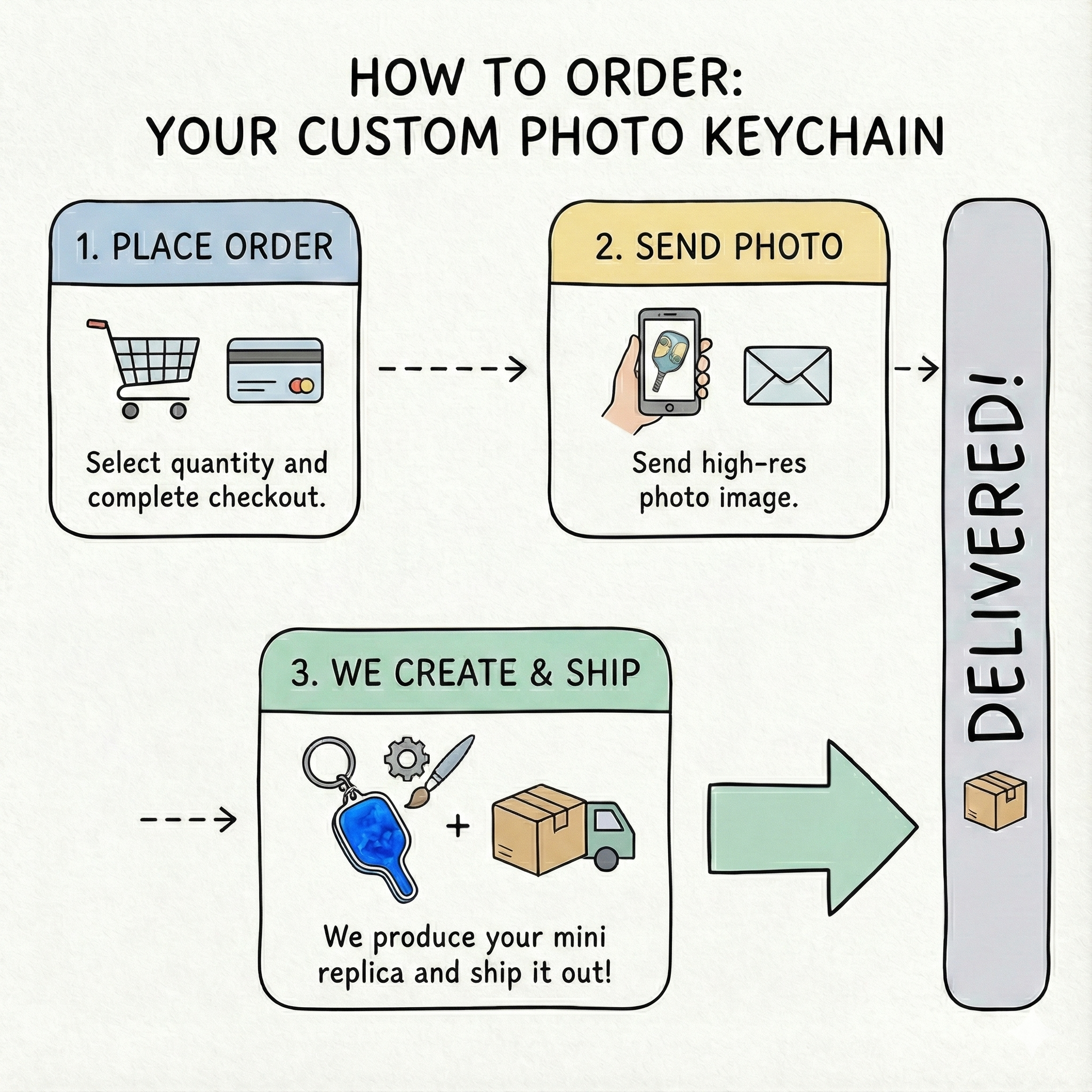 Step-by-step guide on how to order a custom photo keychain with illustrations and text.