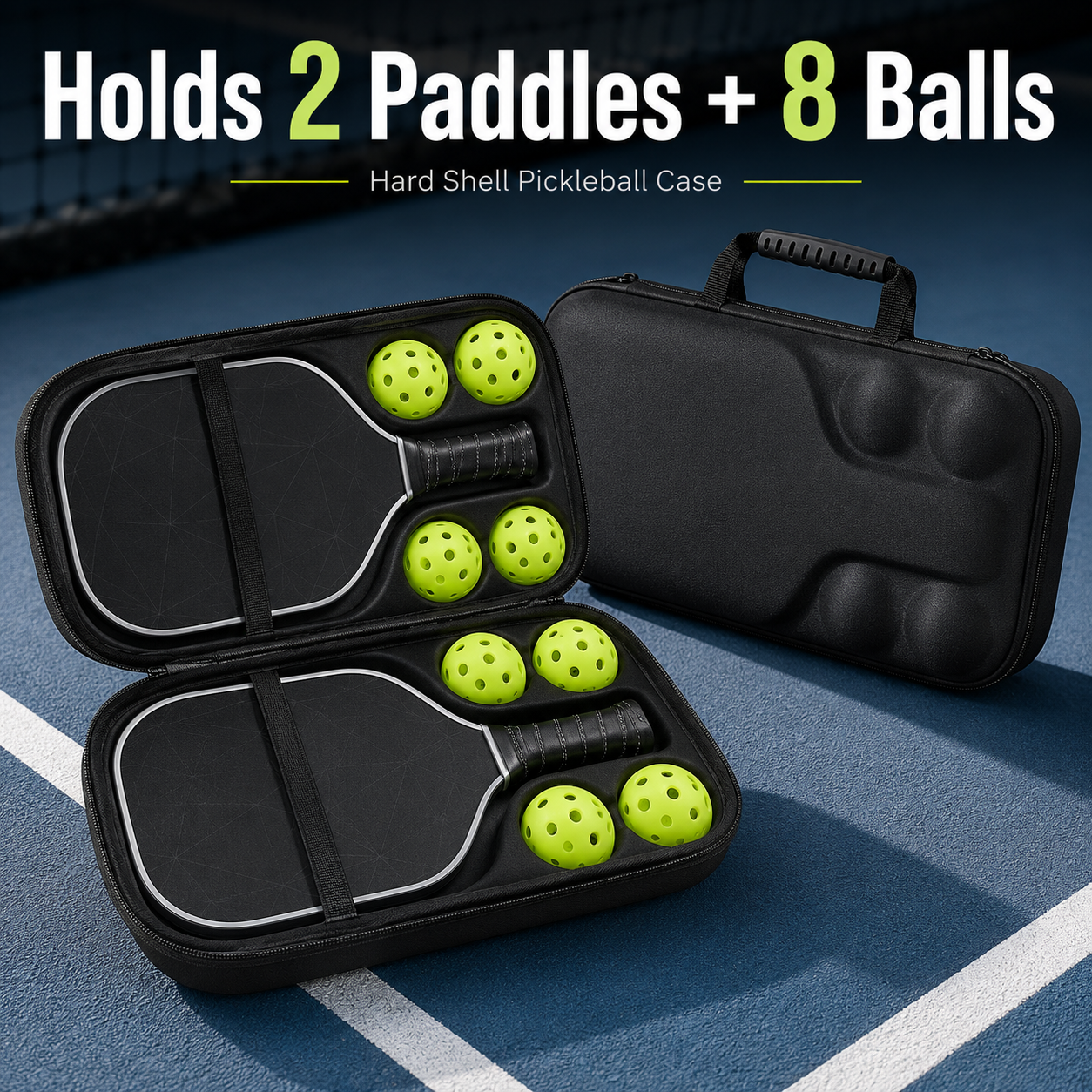 Waterproof Pickleball Paddle Bag, Hard Shell Case for 2 Paddles & 8 Balls, Pickleball Gear Organizer Gift